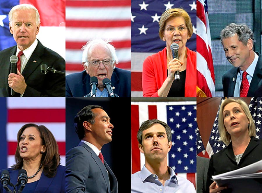 De izquierda a derecha y de arriba a abajo: Joe Biden, Bernie Sanders, Elizabeth Warren, Sherrod Brown, Kamala Harris, Julián Castro, Beto O'rourke, Kirsten Gillibrand; aspirantes demócratas al 2020.