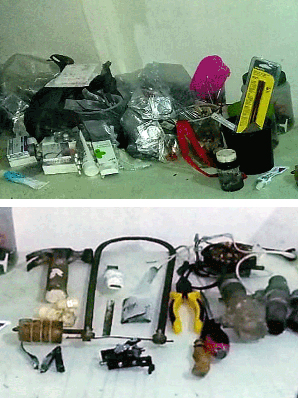 Tras una riña de internos el día anterior, autoridades policiacas catean el Cereso y extraoficialmente decomisan armas, celulares y droga.