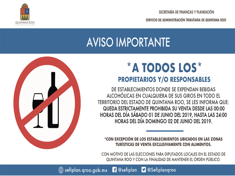 Habrá ley seca sábado y domingo por elecciones en Q. Roo. Quedarán exentos negocios de zonas turísticas con venta de alcohol con alimentos.