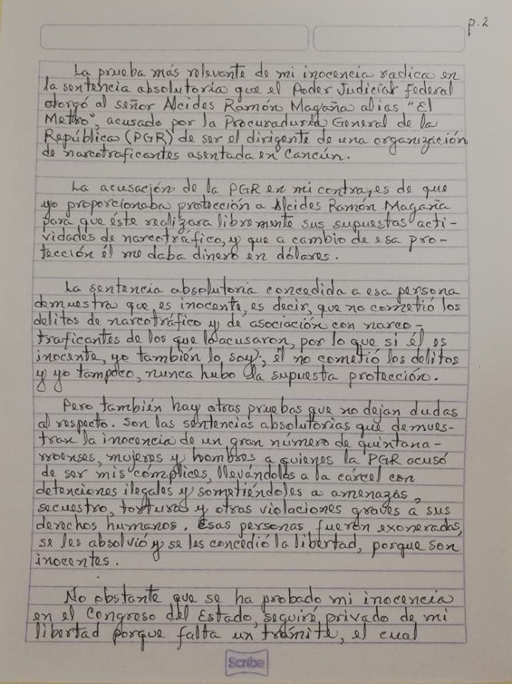 Carta enviada a la opinión pública por parte del ex gobernador de Quintana Roo