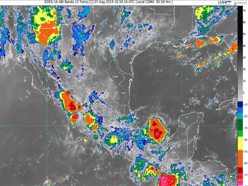 Pronóstico del clima para el miércoles 7 de agosto; para la Península de Yucatán se estima cielo medio nublado, ambiente muy caluroso y vientos.