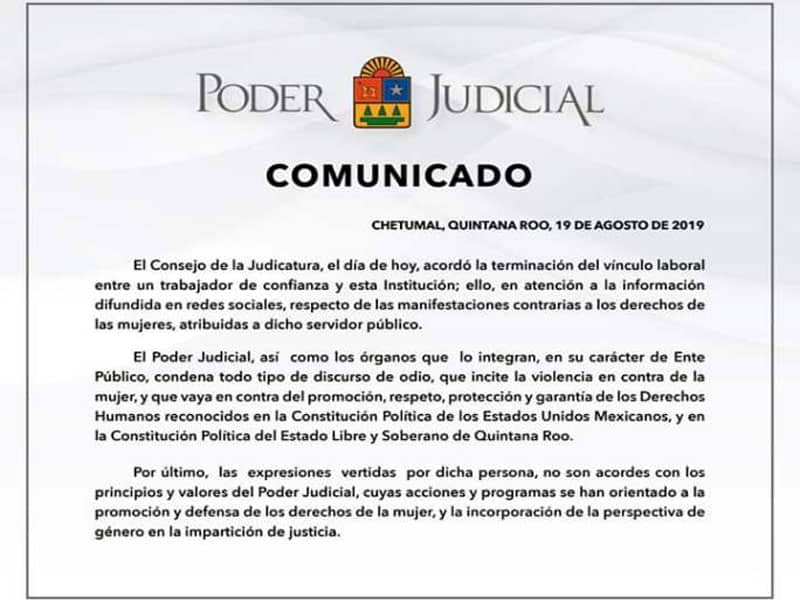 Cesan a funcionario judicial por mensajes de odio contra la mujer; el Poder Judicial, así como los organismos que lo integran, rechaza estas acciones.