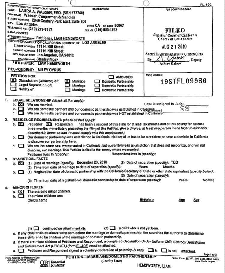 Liam Hemsworth habría presentado solicitud de divorcio a Miley Cyrus