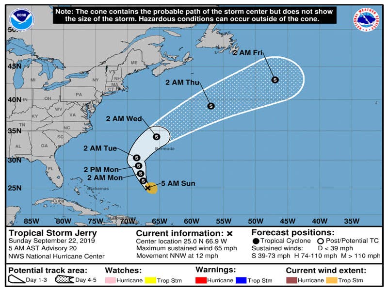 Trayectoria de la tormenta tropical “Jerry”, en el océano Atlántico,