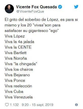 Vicente Fox critica a AMLO por su primer grito de Independencia