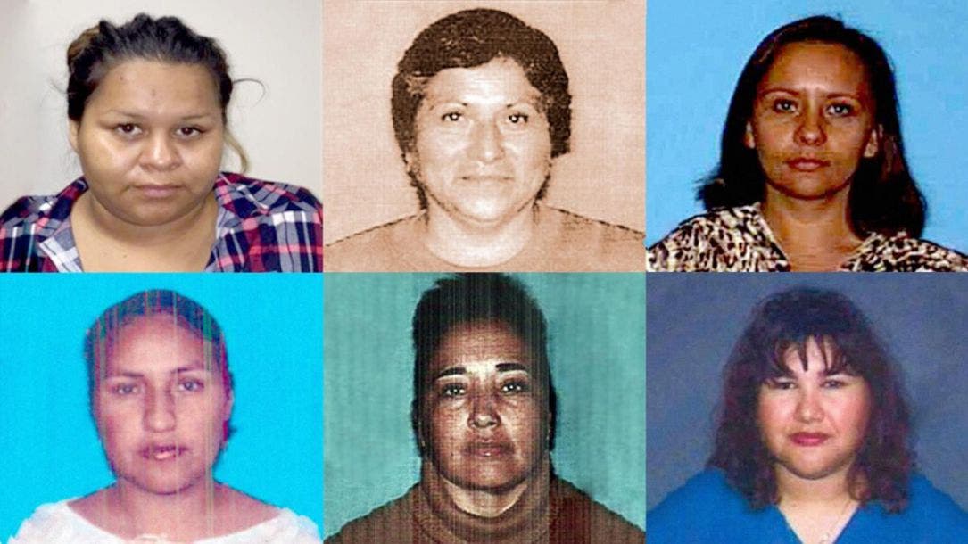 Fugitivas de la DEA (arriba, de izquierda a derecha): Yara “Janeth” Banderas, Graciela Silveyra e Hilda Ruiz; (abajo) Imelda “Quito” Catalán, Ana María “La Doña” Félix y Alma “Marina” Cortez. Crédito: DEA y Departamento de Justicia (DOJ)