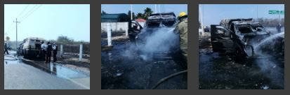 Bomberos arribaron para controlar el fuego que consumía a la camioneta.