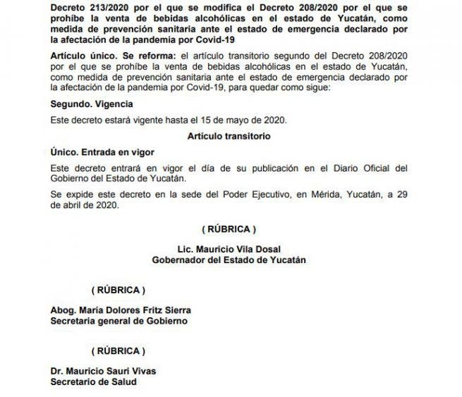Decreto de actualización de fecha vigente de ley seca en Yucatán.