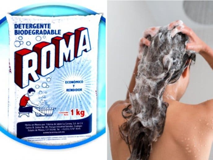 Luce un cabello largo lavándolo con jabón en polvo para ropa