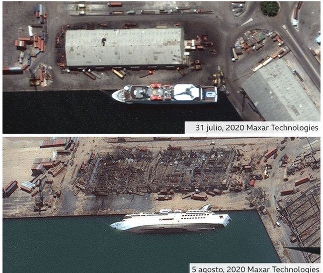 Imagen del crucero Orient Queen, cuando había atracado en el puerto de Beirut antes y después.