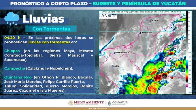 Clima: Se esperan lluvias fuertes para Quintana Roo; afectarán a la Península de Yucatán las bandas nubosas de la tormenta tropical “Eta”.