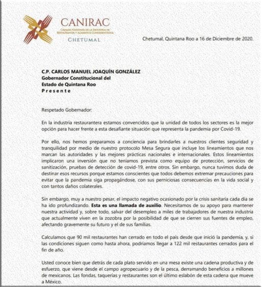 Desesperado llamado de restauranteros de Q. Roo para que los dejen trabajar; afiliados a la Canirac envían carta al gobernador Carlos Joaquín.