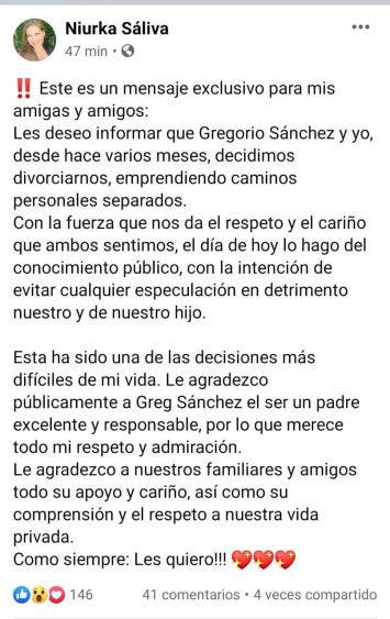 Niurka Sáliva confirma divorcio con Greg Sánchez