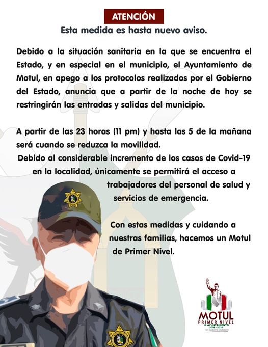 Por Covid-19, autoridades establecen horario de entrada y salida de Motul