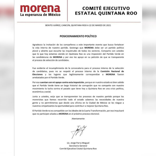 Jorge Parra insiste en cuestionar a su propio partido Morena   