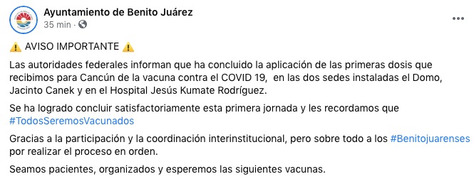 Concluye vacunación contra Covid-19 en Cancún