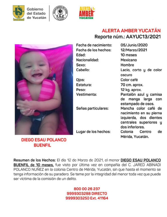 Piden ayuda para localizar a bebé de 10 meses desaparecido en Mérida