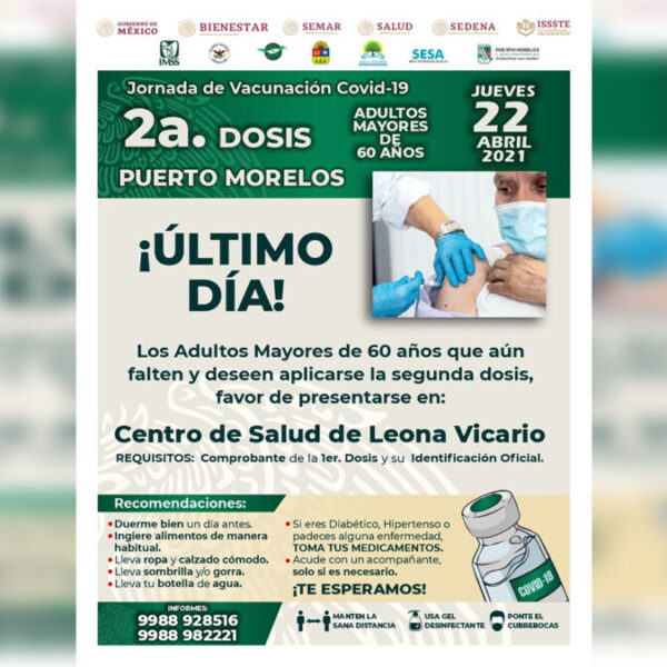 Anuncian aplicación de la segunda dosis de vacuna contra covid-19 a adultos mayores de Puerto Morelos