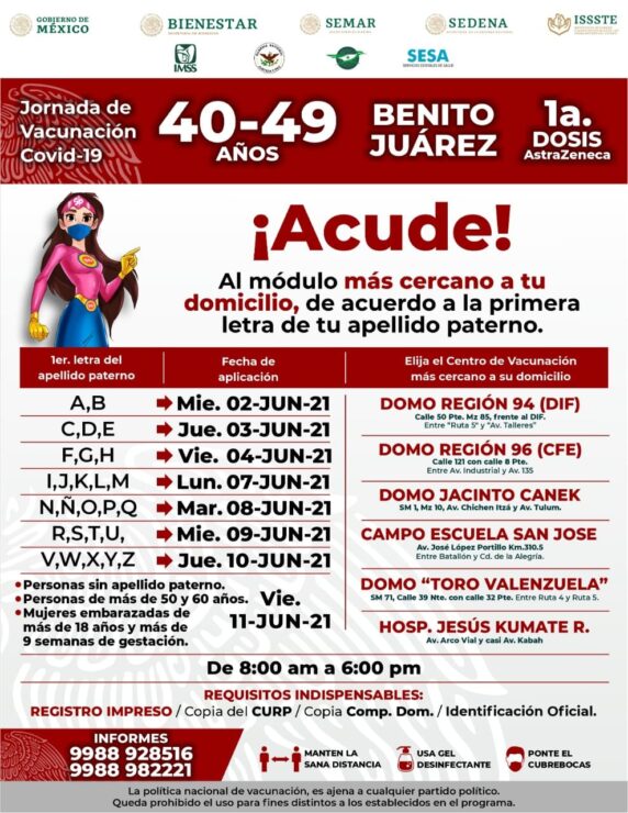 Reprograman jornada de vacunación de 50 a 59 años en Cancún; para los de 40 a 49 años inicia el próximo miércoles 2 de junio.