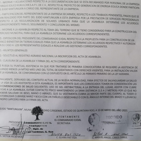 Emiten convocatoria para asamblea de ejidatarios en Kantunilkín