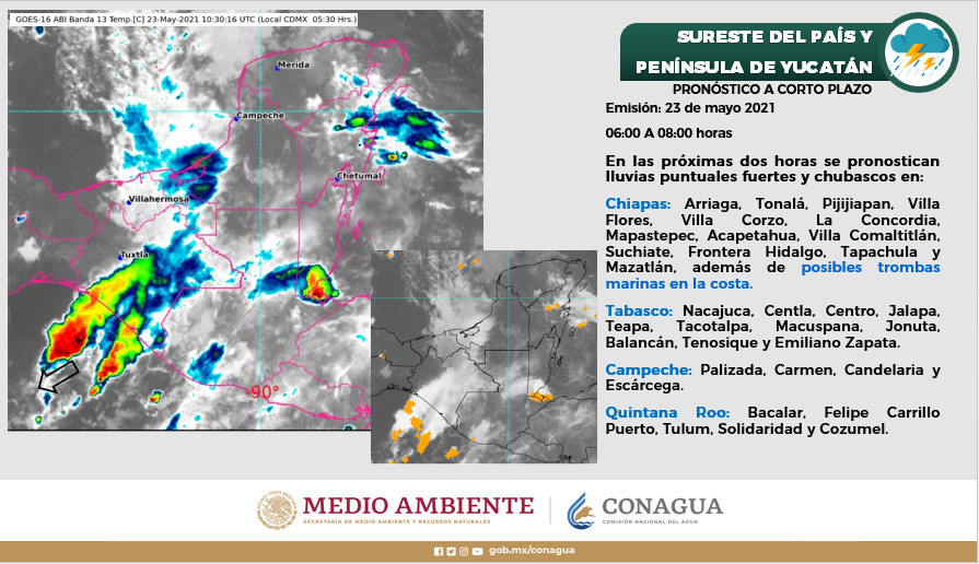 Pronóstico del clima para hoy domingo 23 de mayo en Quintana Roo; cielo medio nublado a nublado durante el día, con intervalos de chubascos.