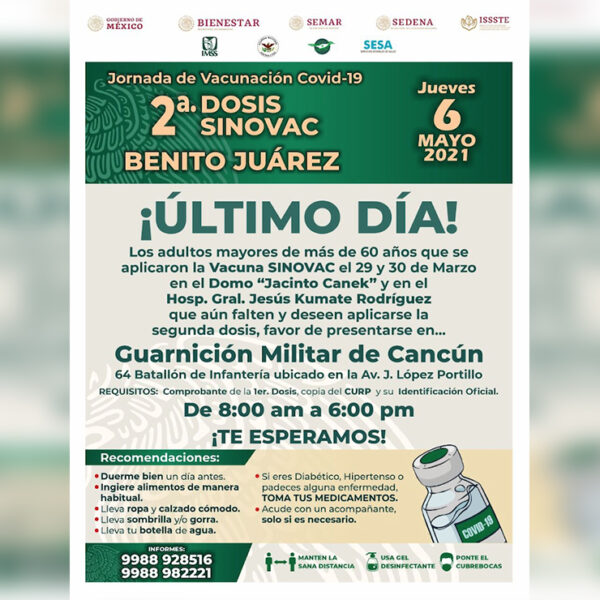 Alargan aplicación de segunda dosis de Sinovac en Cancún