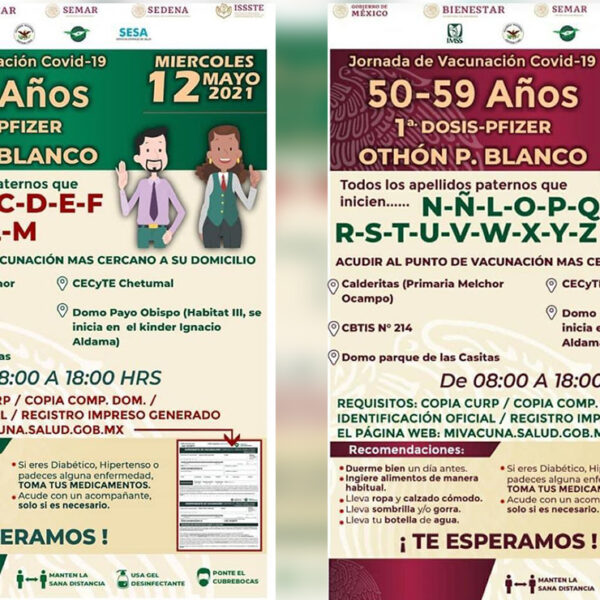 Inicia mañana aplicación de vacunas covid-19 a quincuagenarios en Chetumal