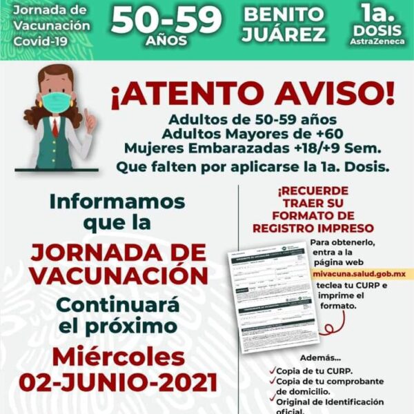 Reprograman jornada de vacunación de 50 a 59 años en Cancún.