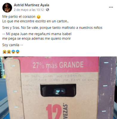 ¡Me quiero morir! Desesperado grito de auxilio de una niña en un cartón de cervezas, por las redes sociales circula la foto de presunto maltrato.