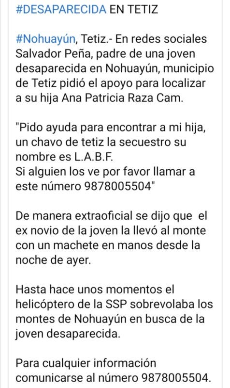 Autoridades rescatan a joven de 17 años secuestrada por su exnovio en Tetiz
