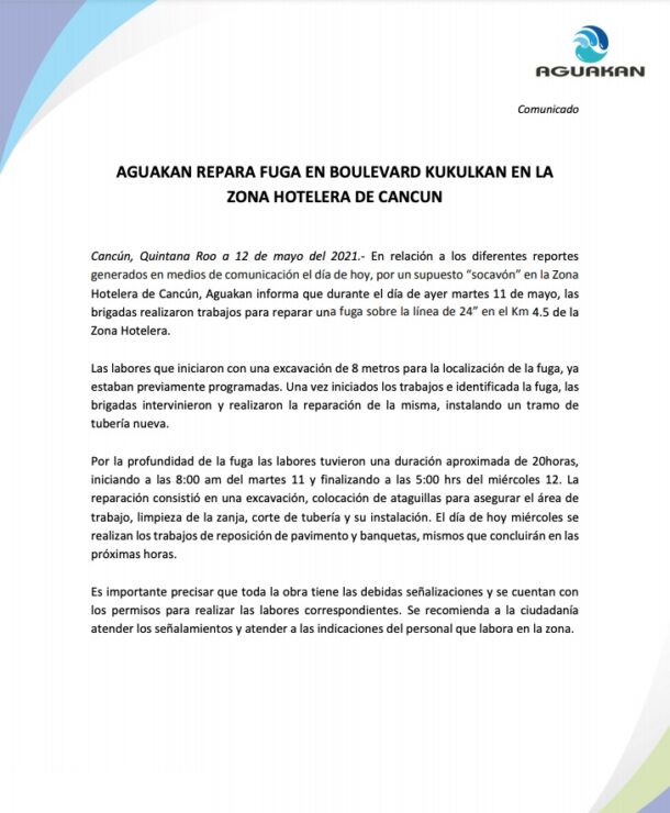 "Socavón" en la Zona Hotelera fue para reparar una fuga, explica Aguakan