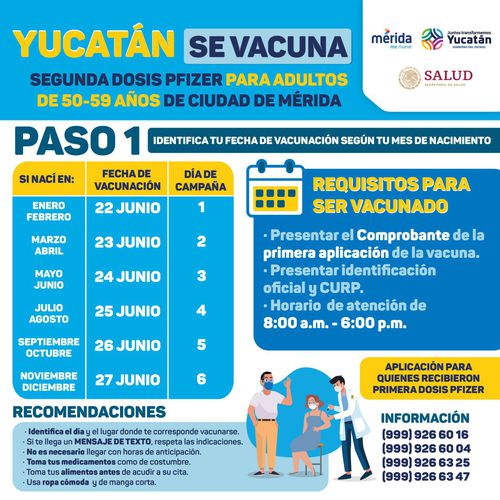 Este martes, personas de 50 a 59 años de Mérida recibirán 2da dosis contra el covid