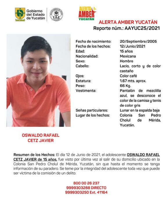 Activan Alerta Amber en Yucatán para localizar a menor de 15 años de edad
