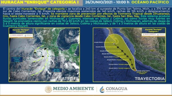 Nace Huracán ‘Enrique’, alcanza categoría 1 en el océano Pacífico