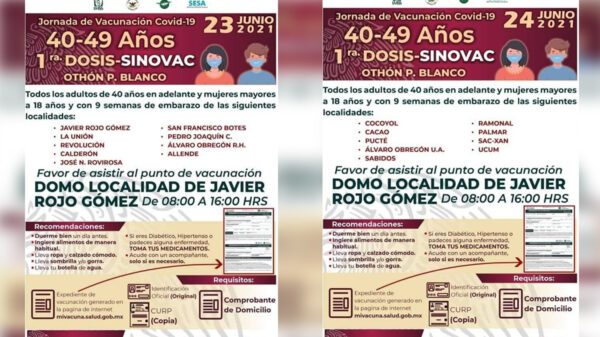 Anuncia gobierno vacunación covid para cuadragenarios en Othón P. Blanco, iniciará este miércoles 23 de junio y continuará un día mas el jueves 24