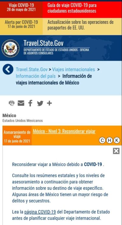 EU alerta a sus viajeros por Covid-19 en inseguridad en Quintana Roo; el Departamento de Estado coloca al entidad en la clasificación 3.