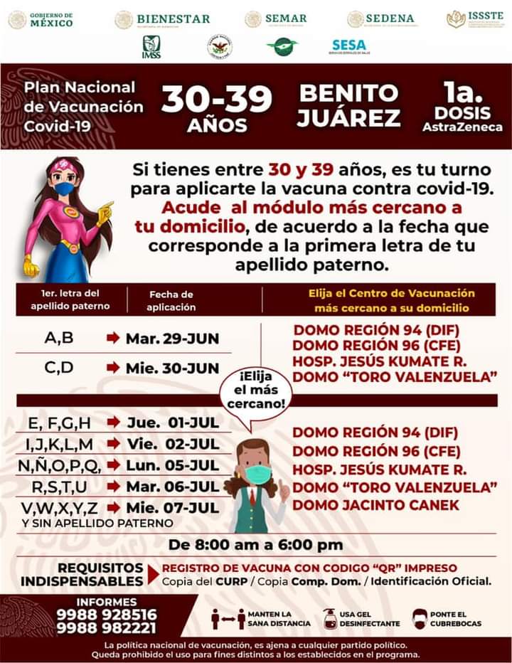 Cancún: Inicia el martes 29 vacunación contra Covid-19 para 30-39 años; instalarán 6 módulos para aplicar la primera dosis de AstraZeneca.