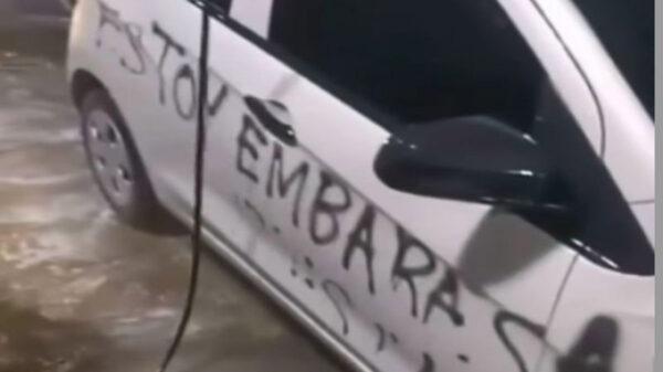 En un autolavado intentan quitarle a un coche blanco una letras negras, en las que se lee: “Estoy embarazada hazte responsable"