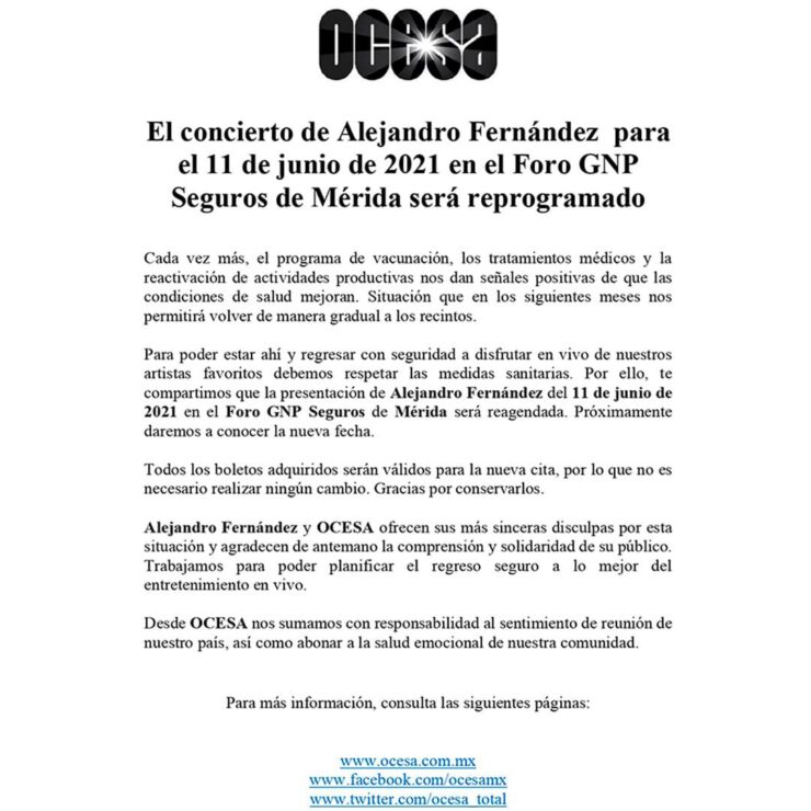 ¡Atención fans! Concierto de Alejandro Fernández en Mérida cambia de fecha