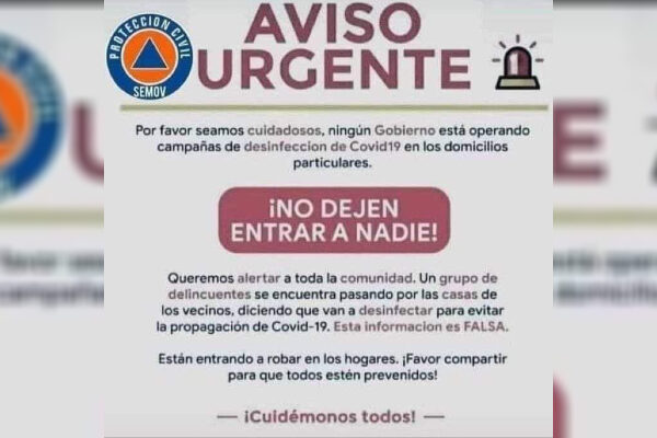 Viralizan falsa alerta por delincuentes realizando acciones de desinfección.