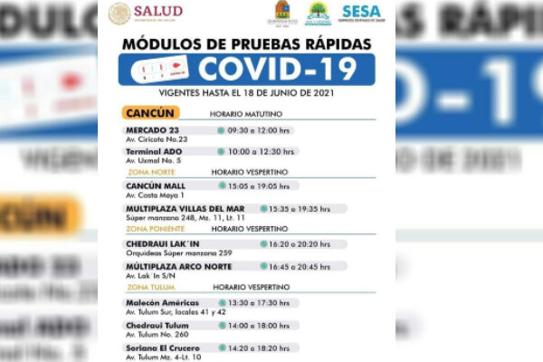 Instalan nueve módulos de pruebas rápidas de Covid en Cancún.