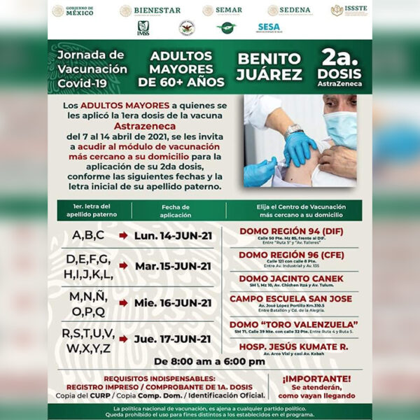 Ya hay fecha para segundas dosis de AstraZeneca en Cancún