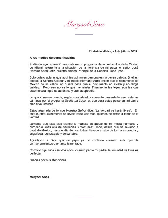 Marysol Sosa responde a Sara Salazar de ser única heredera de José José