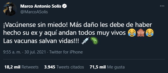 'Más daño les hizo su ex': Marco Antonio Solís pide vacunarse contra el Covid-19