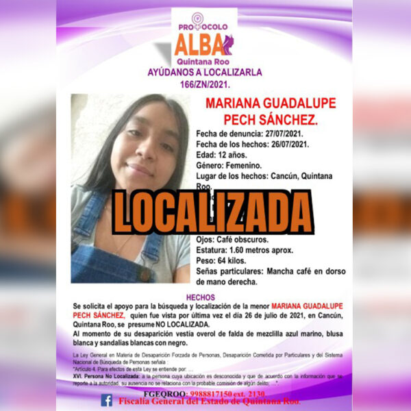 Localizan a Mariana, la niña de 12 años desaparecida en Villas del Mar