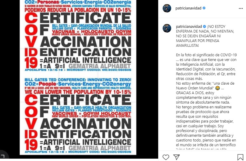 Paty Navidad dice no estar enferma de una clave de Nuevo Orden Mundial