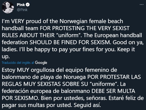 Pink pagará la multa del equipo noruego de handball