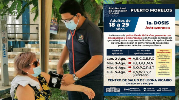 Vacunarán contra el covid a personas de 18 a 29 años en Puerto Morelos