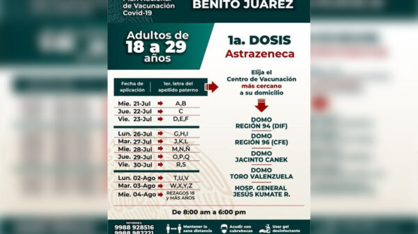 Iniciará mañana en Quintana Roo vacunación covid para mayores de 18 años