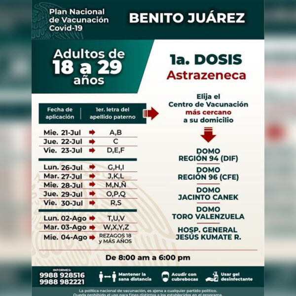 Iniciará mañana en Quintana Roo vacunación covid para mayores de 18 años